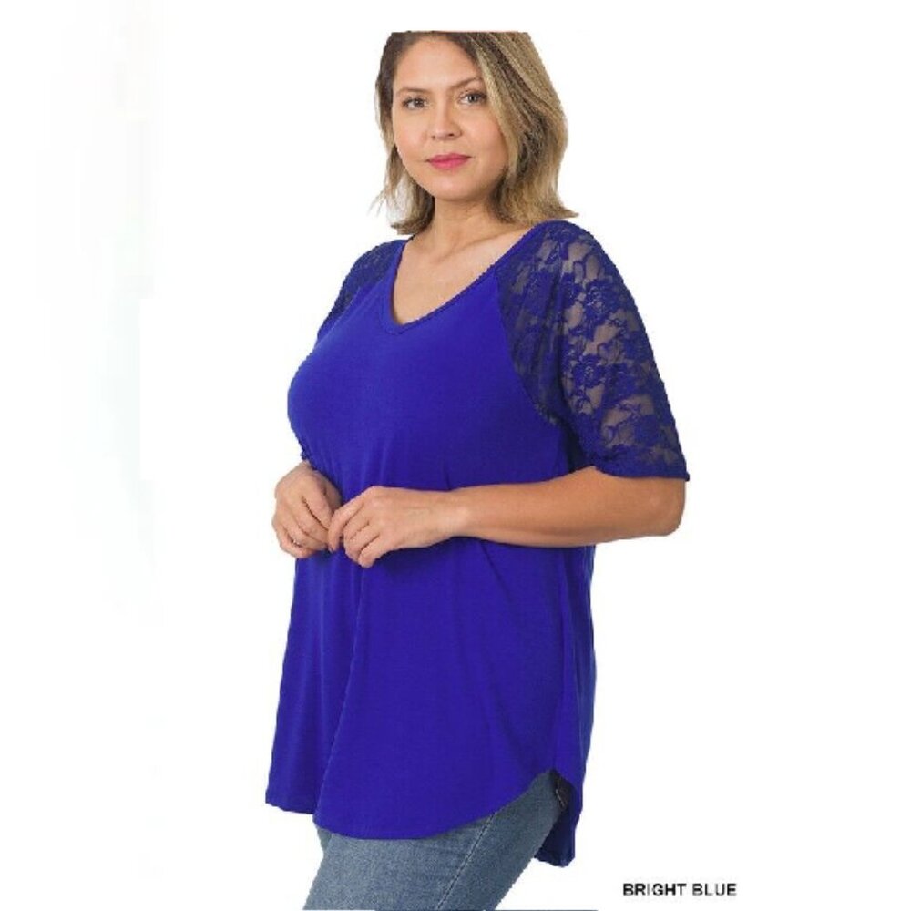 Zenana Women's V-Neck Lace 3/4 Sleeve Round Hem Blouse Top Tunic Bright Blue  …